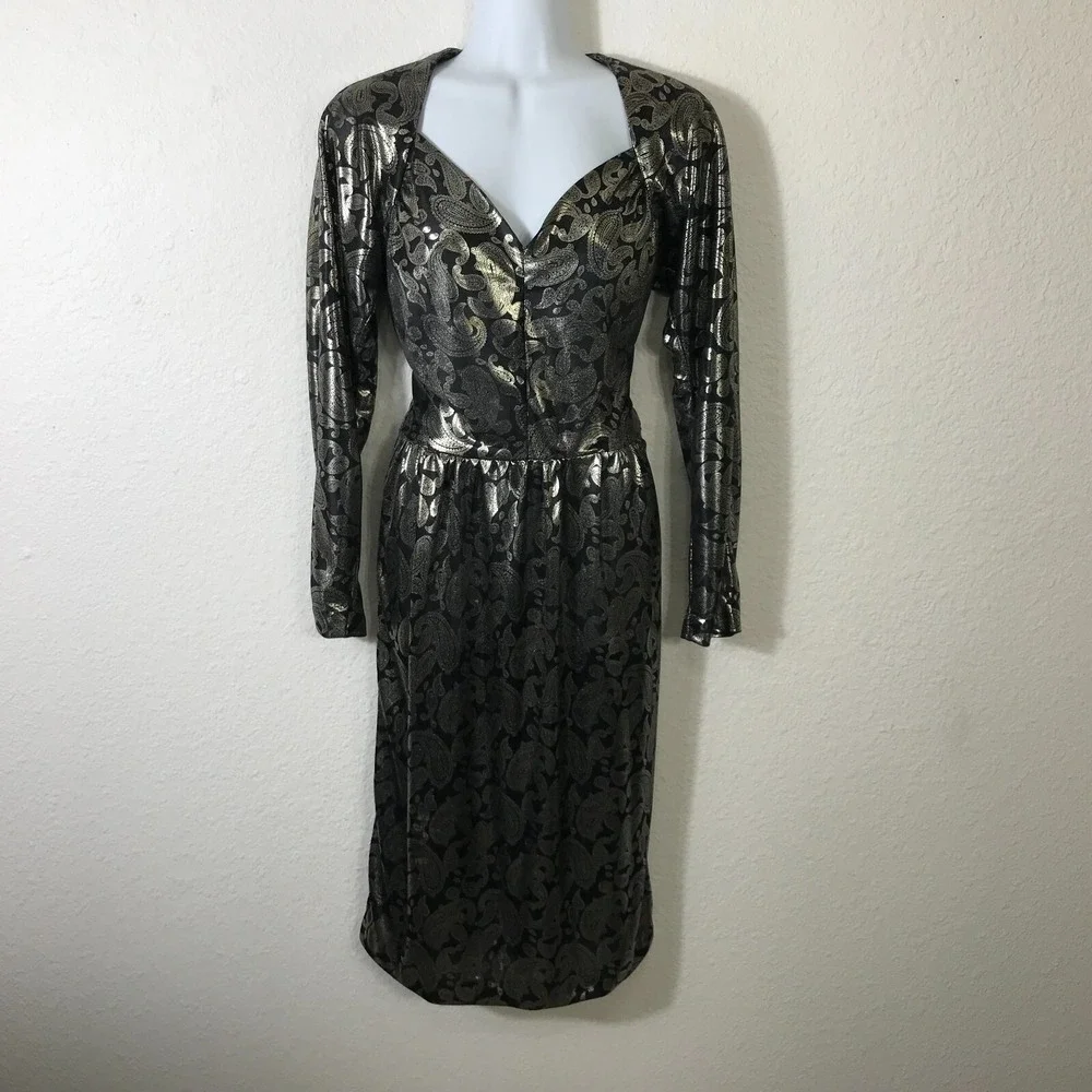 Vintage 80s Homemade Silver Lame Dress XS Paisley Lame Long Sleeve Semi Sheer‎